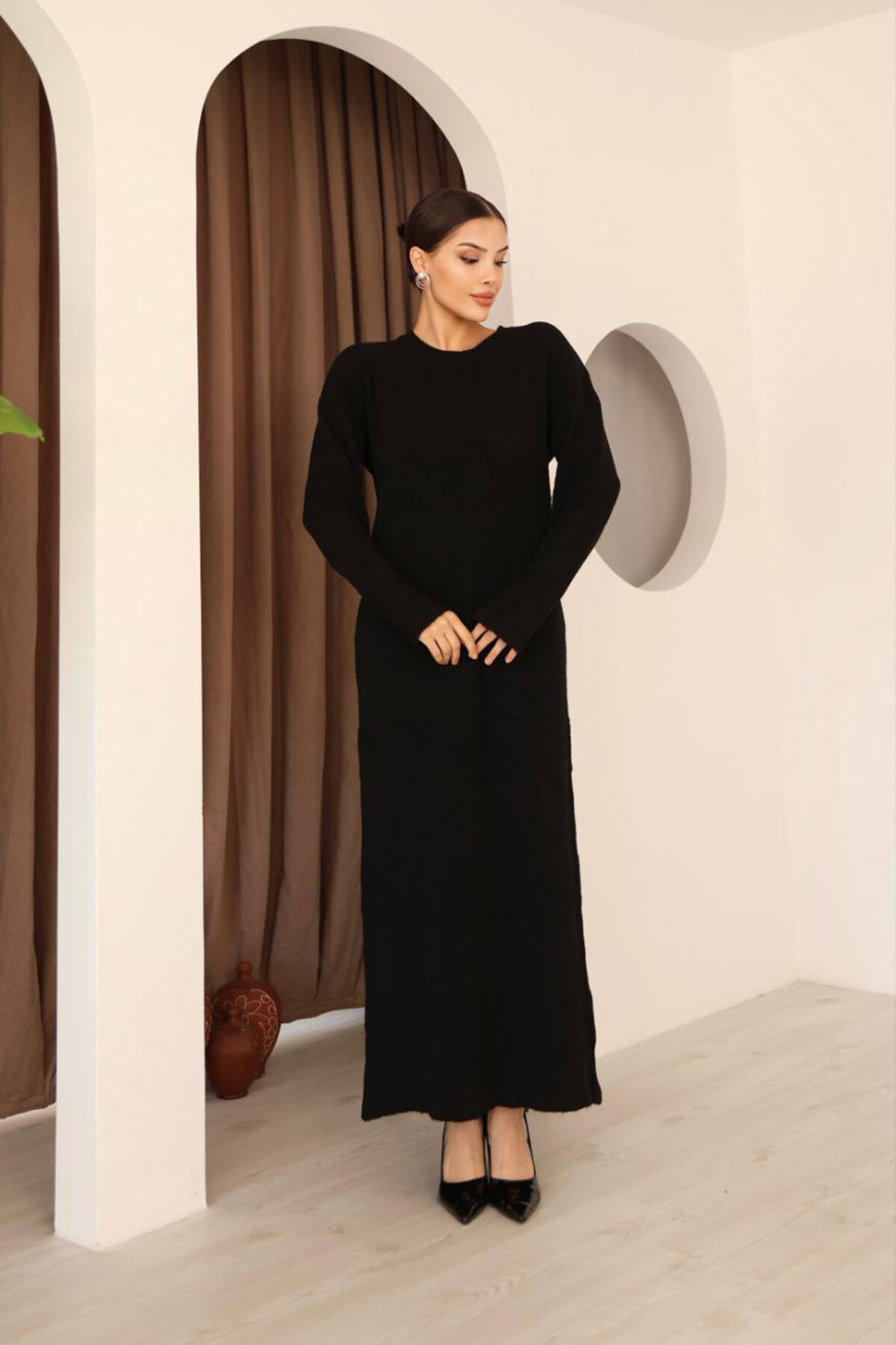 Siyah Uzun Kol Maxi Boy Triko Elbise