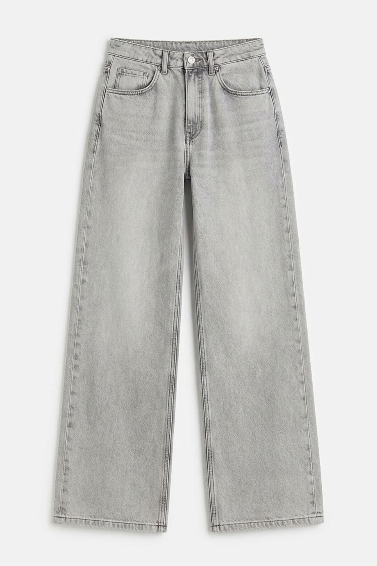 Açık Gri Yüksek Bel 5 Cepli Baggy Jean