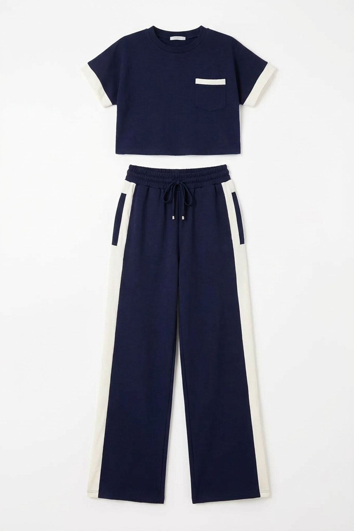 Lacivert Renk Bloklu Beli Lastikli Yumuşak Dokulu Kumaş Alt Üst Takım