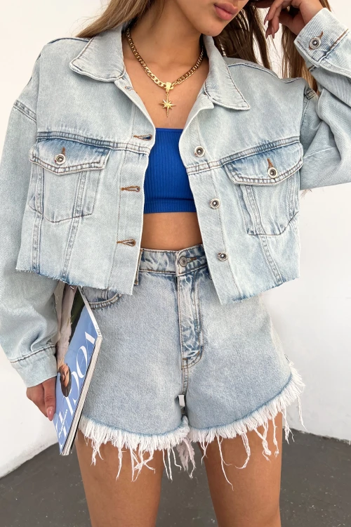 Mavi Çift Cepli Lazer Kesim Yıkamalı Crop Denim Ceket BCDF-235408