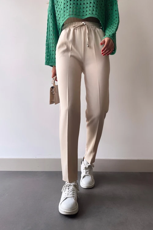 Bej Beli Lastikli Casual Pantolon BC231024