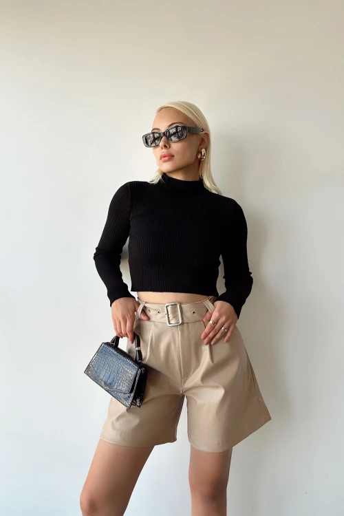 Bej Suni Deri Kemerli Boyfriend Şort BCDF-233500