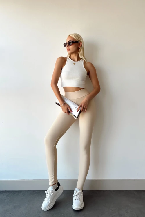 Bej Yüksek Bel Fitilli Likralı Ottoban Tayt BCYL-231000