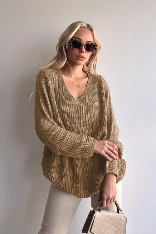 Bisküvi V Yaka Selanik Örgü Kışlık Kazak BC231019