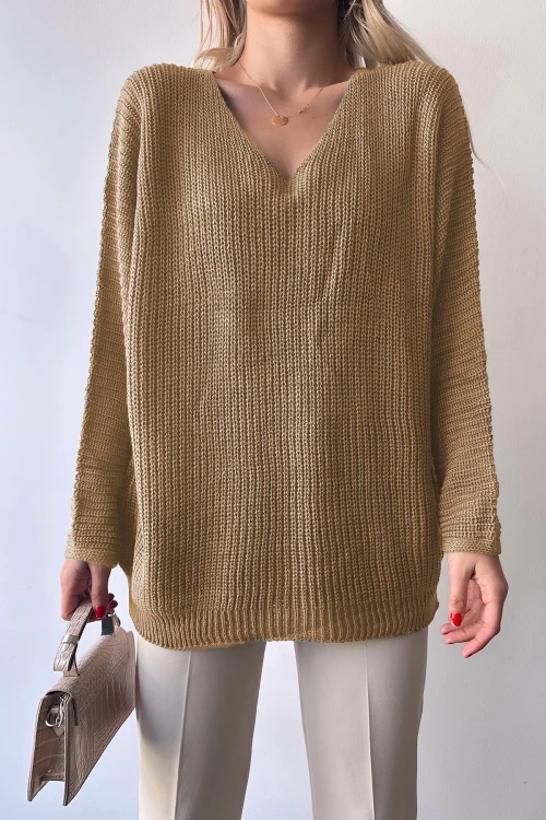 Bisküvi V Yaka Selanik Örgü Kışlık Kazak BC231019