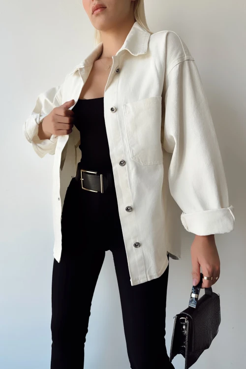 Ekru Çift Cepli Yıkamalı Denim Gömlek Ceket BCDF-235403