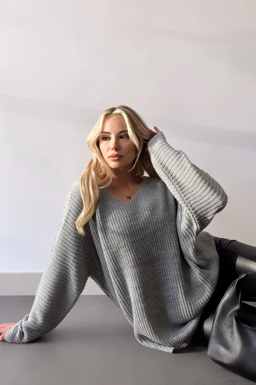 Gri V Yaka Selanik Örgü Kışlık Kazak BC231019