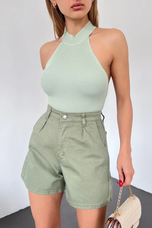 Haki Çift Cepli Pileli Mini Denim Şort BCDF-233302