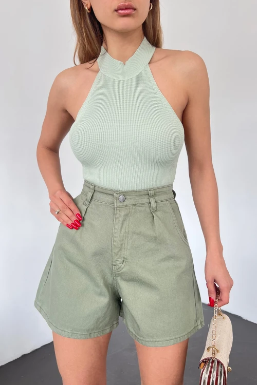 Haki Çift Cepli Pileli Mini Denim Şort BCDF-233302