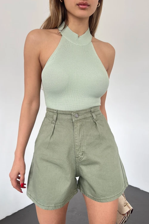 Haki Çift Cepli Pileli Mini Denim Şort BCDF-233302