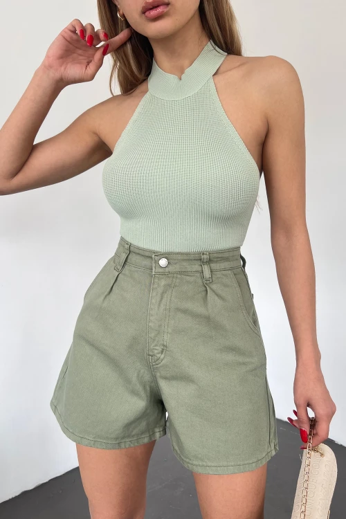 Haki Çift Cepli Pileli Mini Denim Şort BCDF-233302