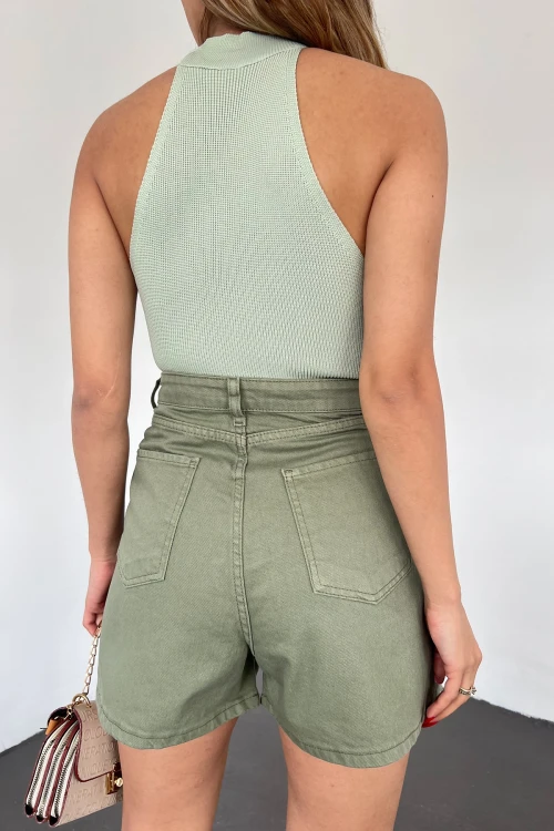 Haki Çift Cepli Pileli Mini Denim Şort BCDF-233302