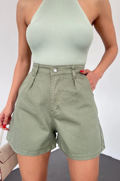 Haki Çift Cepli Pileli Mini Denim Şort BCDF-233302
