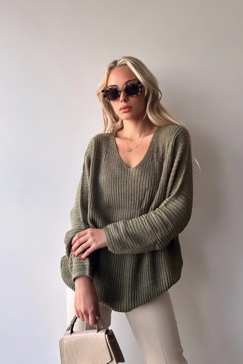 Haki V Yaka Selanik Örgü Kışlık Kazak BC231019