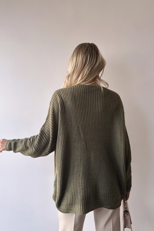 Haki V Yaka Selanik Örgü Kışlık Kazak BC231019