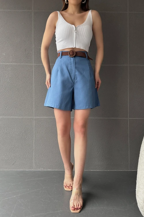 İndigo Beli Kemerli Geniş Paçalı Mom Şort BCDF-233305