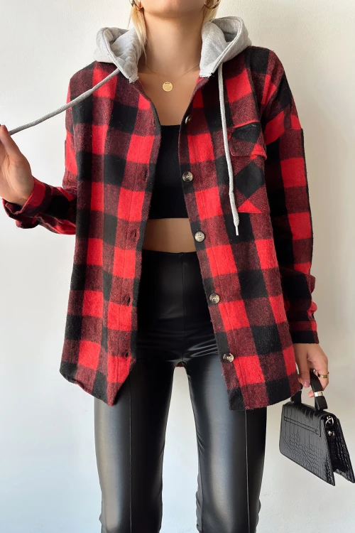 Kırmızı Kapüşonlu Ekose Desenli Oversize Kaşe Gömlek BCPK-236004