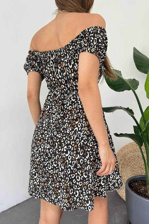 Leopar Madonna Yaka Çiçek Desenli Krinkıl Elbise BCDF-234603