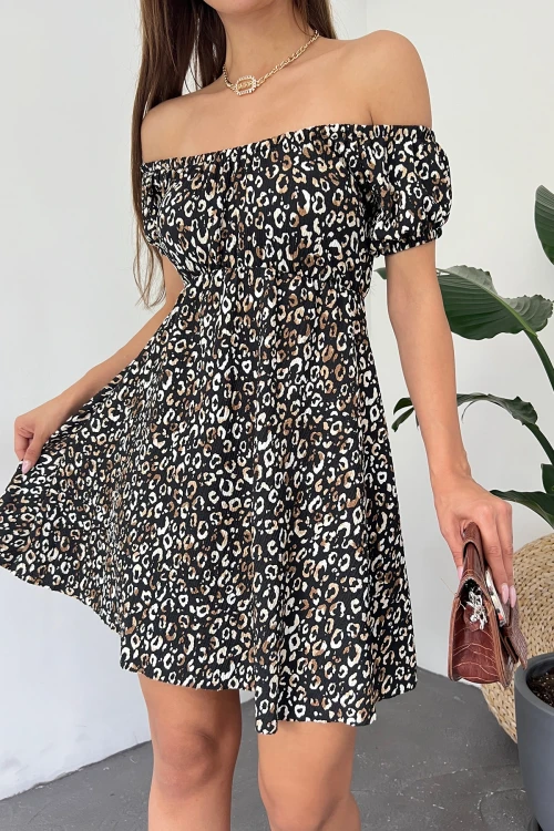 Leopar Madonna Yaka Çiçek Desenli Krinkıl Elbise BCDF-234603
