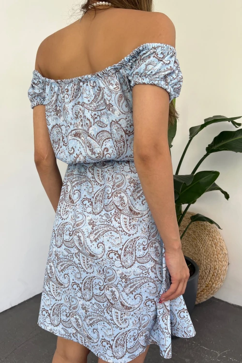 Mavi Madonna Yaka Çiçek Desenli Krinkıl Elbise