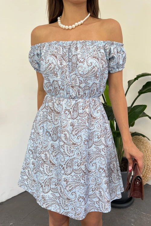 Mavi Madonna Yaka Çiçek Desenli Krinkıl Elbise