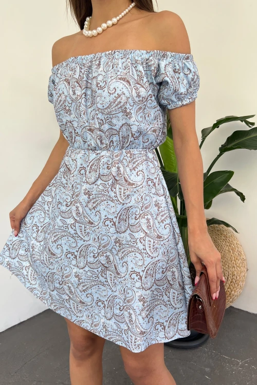 Mavi Madonna Yaka Çiçek Desenli Krinkıl Elbise