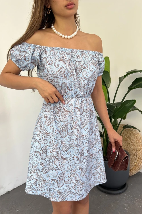 Mavi Madonna Yaka Çiçek Desenli Krinkıl Elbise