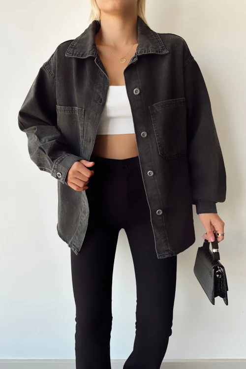 Siyah Çift Cepli Yıkamalı Denim Gömlek Ceket BCDF-235403