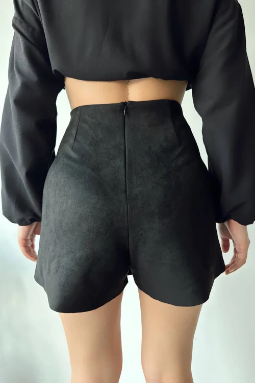 Siyah Fermuar Detaylı Süet Şort Etek BC231014