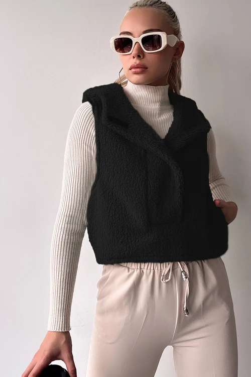 Siyah Kapüşonlu Önü Çıtçıtlı Kolsuz Welsoft Sweatshirt BC231023