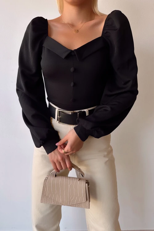 Siyah Prenses Kol Önü Düğme Detaylı Krep Bluz BCDF-231006