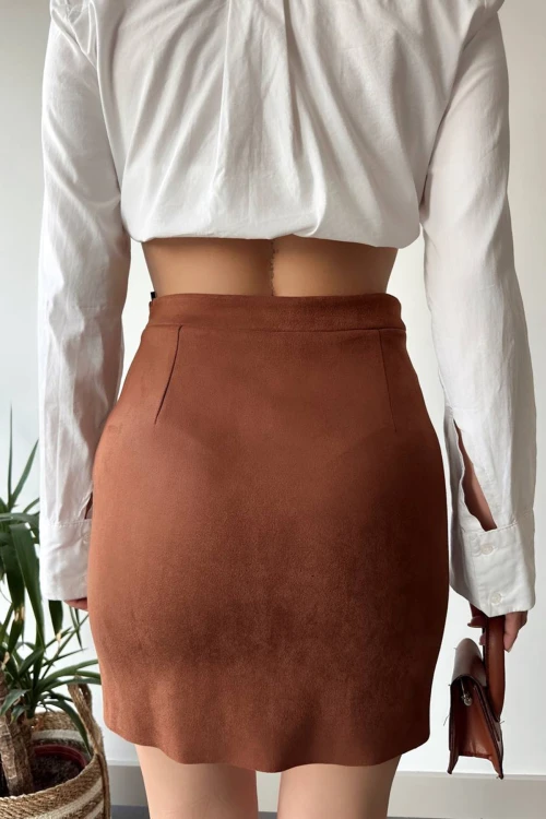 Taba Çift Yırtmaçlı Fermuarlı Süet Etek BC231015