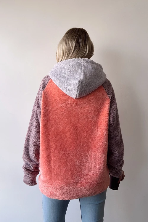 Yavruağzı Kapüşonlu Kanguru Cepli Fermuarlı Welsoft Kalın Peluş Sweatshirt BC231028