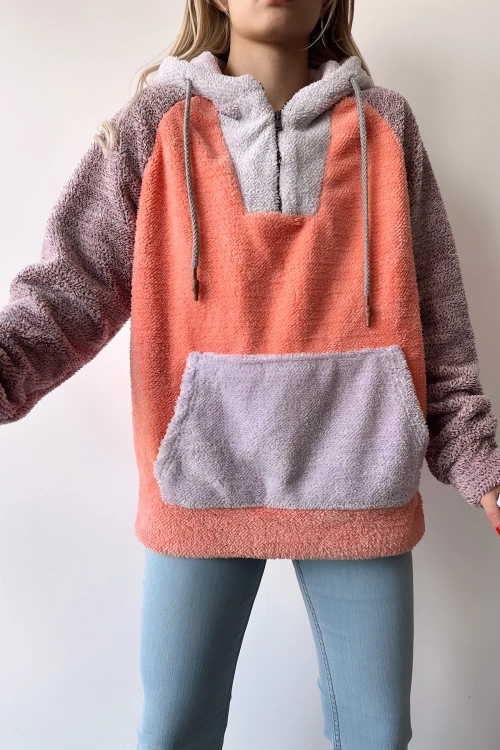 Yavruağzı Kapüşonlu Kanguru Cepli Fermuarlı Welsoft Kalın Peluş Sweatshirt BC231028