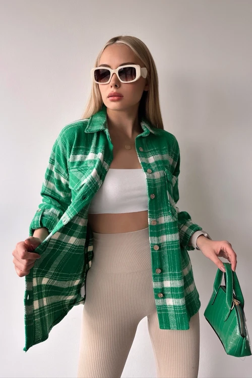 Yeşil Çift Cepli Ekose Desenli Kolu Katlamalı Kaşe Pamuklu Gömlek