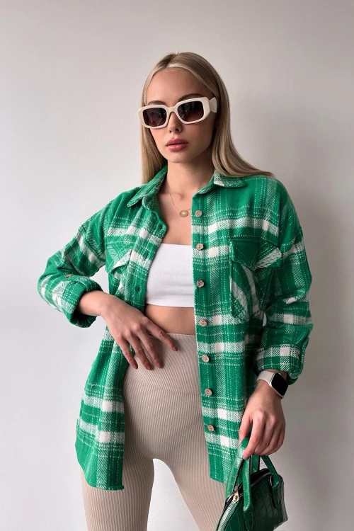 Yeşil Çift Cepli Ekose Desenli Kolu Katlamalı Kaşe Pamuklu Gömlek