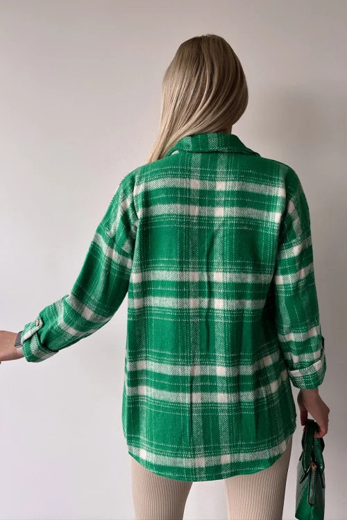Yeşil Çift Cepli Ekose Desenli Kolu Katlamalı Kaşe Pamuklu Gömlek