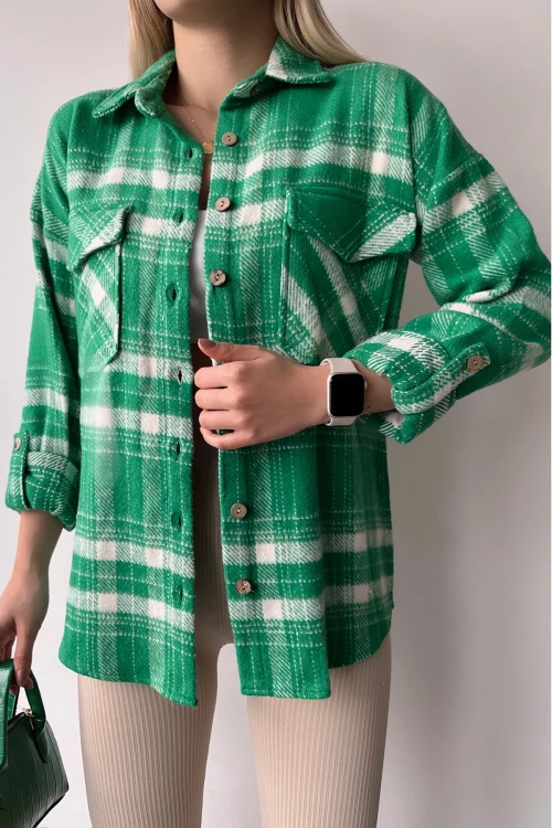 Yeşil Çift Cepli Ekose Desenli Kolu Katlamalı Kaşe Pamuklu Gömlek