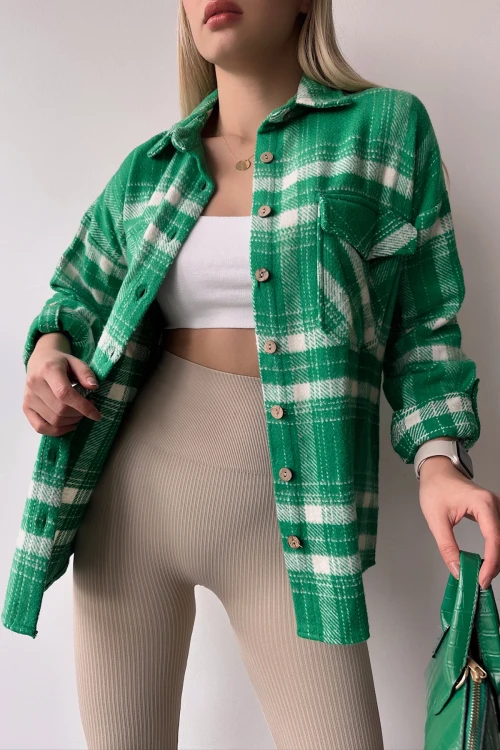 Yeşil Çift Cepli Ekose Desenli Kolu Katlamalı Kaşe Pamuklu Gömlek