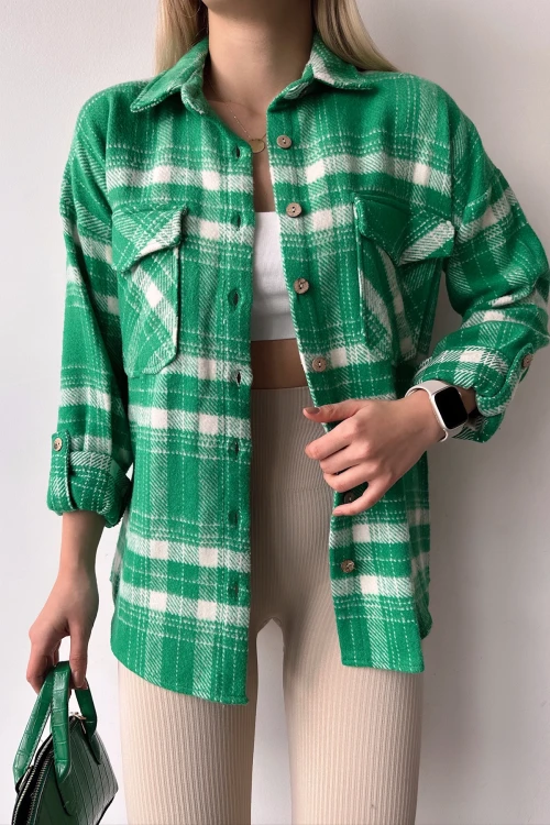 Yeşil Çift Cepli Ekose Desenli Kolu Katlamalı Kaşe Pamuklu Gömlek