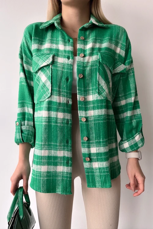 Yeşil Çift Cepli Ekose Desenli Kolu Katlamalı Kaşe Pamuklu Gömlek
