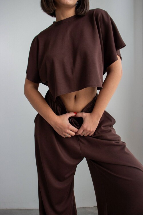 Acı Kahve Bol Paça Rahat Kesim Modal Kumaş Alt Üst Takım