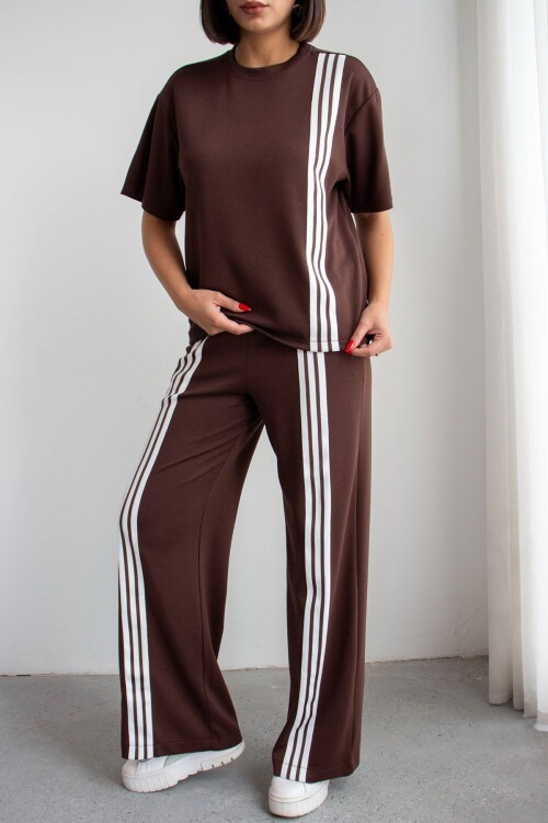 Acı Kahve Çizgili Modal Kumaş Alt Üst Takım