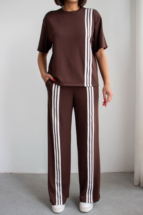 Acı Kahve Çizgili Modal Kumaş Alt Üst Takım