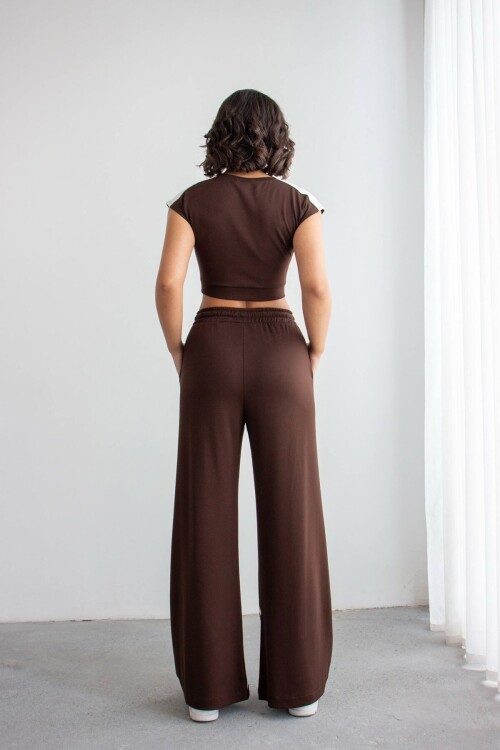 Acı Kahve Çizgili Modal Kumaş Crop Alt Üst Takım