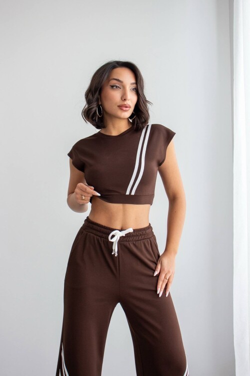 Acı Kahve Çizgili Modal Kumaş Crop Alt Üst Takım