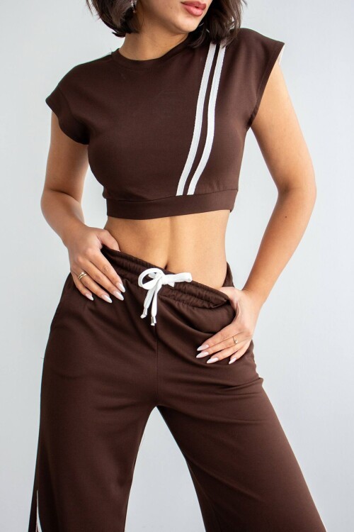 Acı Kahve Çizgili Modal Kumaş Crop Alt Üst Takım