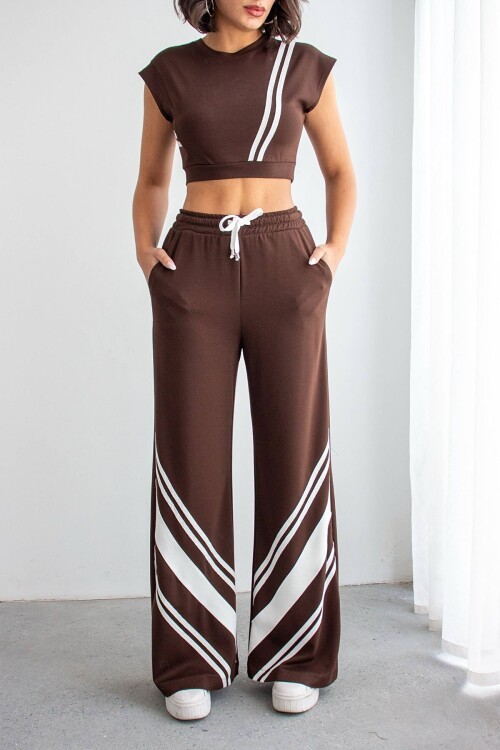 Acı Kahve Çizgili Modal Kumaş Crop Alt Üst Takım