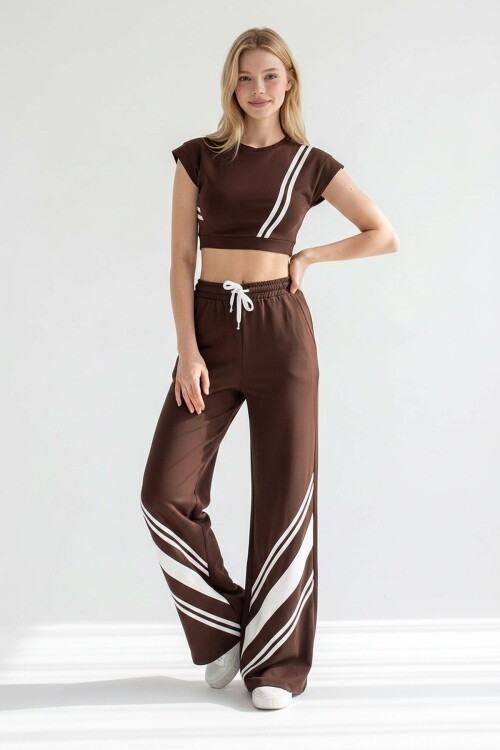 Acı Kahve Çizgili Modal Kumaş Crop Alt Üst Takım