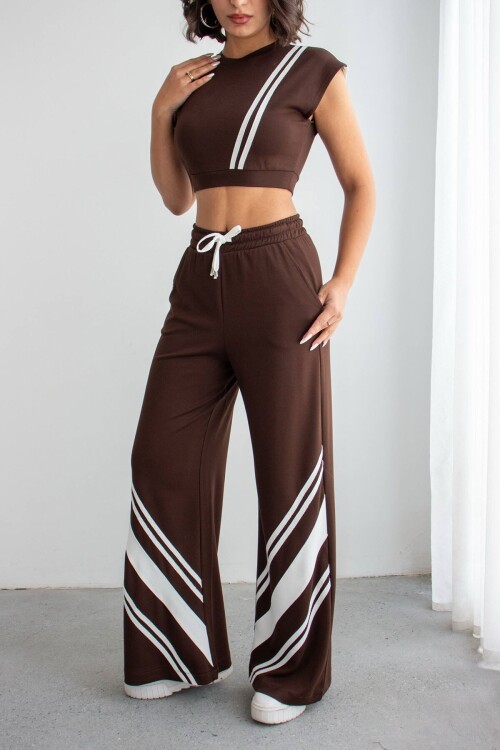 Acı Kahve Çizgili Modal Kumaş Crop Alt Üst Takım